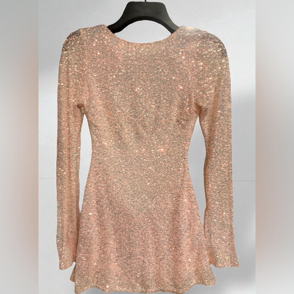 Lucy in the Sky Glitter Long Sleeve Mini Dress in champagne color